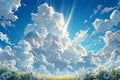 Featuring a white clouds in a blue sky with rays of light shining through. the scene depicts wispy white clouds floating in a Royalty Free Stock Photo