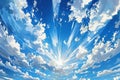 Featuring a white clouds in a blue sky with rays of light shining through. the scene depicts wispy white clouds floating in a Royalty Free Stock Photo