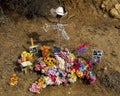 FEB 2019, Arizona, USA - Cowboy hat symbolizes roadside memorial for male killed on road in that spot, Arizona