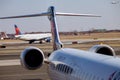 FEB 14, 2019 JFK NEW YORK, USA: jet engine against a plane at the airport on loading Royalty Free Stock Photo