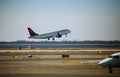 Airplane with engines landing on runway Royalty Free Stock Photo