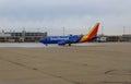 Southwest colorful jet inches from landing at Cleveland Hopkins Royalty Free Stock Photo