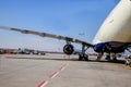 FEB 14, 2019 JFK NEW YORK, USA: The turbine the aircraft plane is preparing to fly at the airplane on the runway at the airport Royalty Free Stock Photo