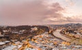 Feb 5, 2020 - Salzburg, Austria: Aerial view of Museum of Modern Art Salzburg on the hill of Monchsberg at dusk