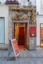 Feb 4, 2020 - Salzburg, Austria: Entrance of Cafe Mozart in downtown on the street of getreidegasse Royalty Free Stock Photo