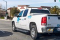 Feb 27, 2020 San Jose / CA / USA - PG&E Pacific Gas and Electric Company service vehicle driving on a street; San Francisco bay