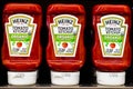 Feb 7, 2020 Santa Clara / CA / USA - Close up of Heinz Tomato Ketchup bottles displayed on a shelf in a supermarket; Heinz Tomato Royalty Free Stock Photo