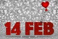 14 FEB word with heart balloon on white bokeh background Royalty Free Stock Photo