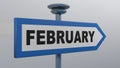 FEBRUARY blue arrow street sign - 3D rendering illustration