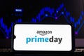 February 12, 2021, Brazil. In this photo illustration the Amazon Prime Day logo seen displayed on a smartphone screen Royalty Free Stock Photo