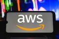 February 12, 2021, Brazil. In this photo illustration the Amazon Web Services AWS logo seen displayed on a smartphone screen Royalty Free Stock Photo