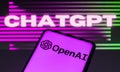 February 2, 2023, Brazil. In this photo illustration, the OpenAI logo is displayed on a smartphone screen, ChatGPT in the