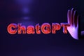 February 20, 2023 - Caen, France: Inscription of neon glowing letters - chatgpt and palm on a dark blue background. 3D render