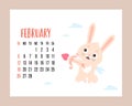 February 2023 calendar. Cute bunny Winged cupid shoots an arrow with heart on white background with clouds. Vector