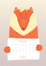 2023 february calendar, cute fox animal holding a monthly calendar sheet, hand