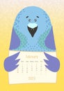 2023 february calendar, cute pigeon bird holding a monthly calendar sheet, hand