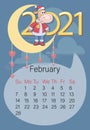 February 2021. Calendar. Funny calf on the background of the young month, moon and large numbers.