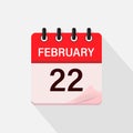 February 22, Calendar icon with shadow. Day, month. Flat vector illustration. Royalty Free Stock Photo