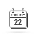 February 22, Calendar icon with shadow. Day, month. Flat vector illustration. Royalty Free Stock Photo
