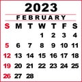February 2023 Calendar Illustration. The Week Starts On Sunday. Calendar Design In Black And White Colors, Sunday In Red Colors