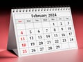 February 2024 calendar. Page of the annual business desk monthly calendar. 3d rendering