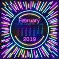 2019. February Calendar page in neon effect style poster for concept typography design, flat color. Week starts on Sunday Happy Ne Royalty Free Stock Photo