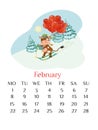 February calendar page 2021 with skiing bull holding heart shaped balloons. Outdoor winter scene.