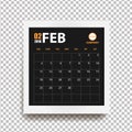 February 2018 calendar in realistic photo frame with shadow isolated