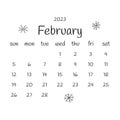 2023 february calendar with snowflakes. Vector doodle design