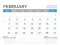 February 2020 Calendar Template, Desk Calendar Layout  Size 8 X 6 Inch, Planner Design, Week Starts On Sunday, Stationery Design
