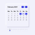 February 2021 Calendar template. User interface concept for mobile and web applications. Modern neumorphism design