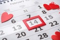 February 14 Calendar. Valentine`s day concept red hearts