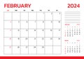 February 2024 Calendar. Week start on Sunday. Desk calendar 2024 design, simple and clean design, Wall calendar for print, digital