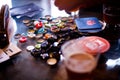 18 February 2017 - Craft beer bottle caps on a table in pub Slad in Pancevo, Serbia Royalty Free Stock Photo