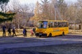 February 14, 2022 Cuhurestii Moldova. School bus for transporting schoolchildren. For editorial use