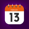 February day 13. Number thirteen on a white paper with orange color border on purple background.