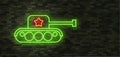 February 23. Defenders of Fatherland Day. Tank Neon sign and green brick wall. Realistic sign. National Military holiday in