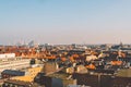 February 18, 2019. Denmark Copenhagen. Panoramic top view of the city center from a high point. Round Rundetaarn Tower