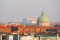 February 18, 2019. Denmark Copenhagen. Panoramic top view of the city center from a high point. Round Rundetaarn Tower