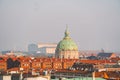 February 18, 2019. Denmark Copenhagen. Panoramic top view of the city center from a high point. Round Rundetaarn Tower