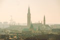 February 18, 2019. Denmark Copenhagen. Panoramic top view of the city center from a high point. Round Rundetaarn Tower