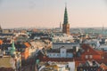 February 18, 2019. Denmark Copenhagen. Panoramic top view of the city center from a high point. Round Rundetaarn Tower