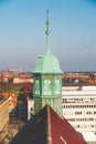 February 18, 2019. Denmark Copenhagen. Panoramic top view of the city center from a high point. Round Rundetaarn Tower