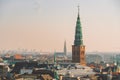 February 18, 2019. Denmark Copenhagen. Panoramic top view of the city center from a high point. Round Rundetaarn Tower