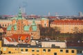 February 18, 2019. Denmark Copenhagen. Panoramic top view of the city center from a high point. Round Rundetaarn Tower