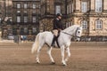 February 20, 2019. Denmark. Copenhagen. Training bypass Adaptation of a horse in the royal stable of the castle Christiansborg