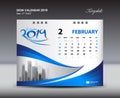 FEBRUARY Desk Calendar 2019 Template, Week starts Sunday, StatioFEBRUARY Desk Calendar 2019 Template, Week starts Sunday, Statione Royalty Free Stock Photo