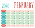 February 2020 diary. Calendar. Cute trend design. New year planner. English calender. Green and red color vector template.