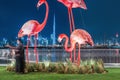 Popular tourist attraction - decorative statues of pink flamingos on the background of the world`s
