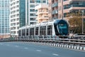 The tram line runs along the perimeter of the Dubai Marina Bay and is a popular public transport